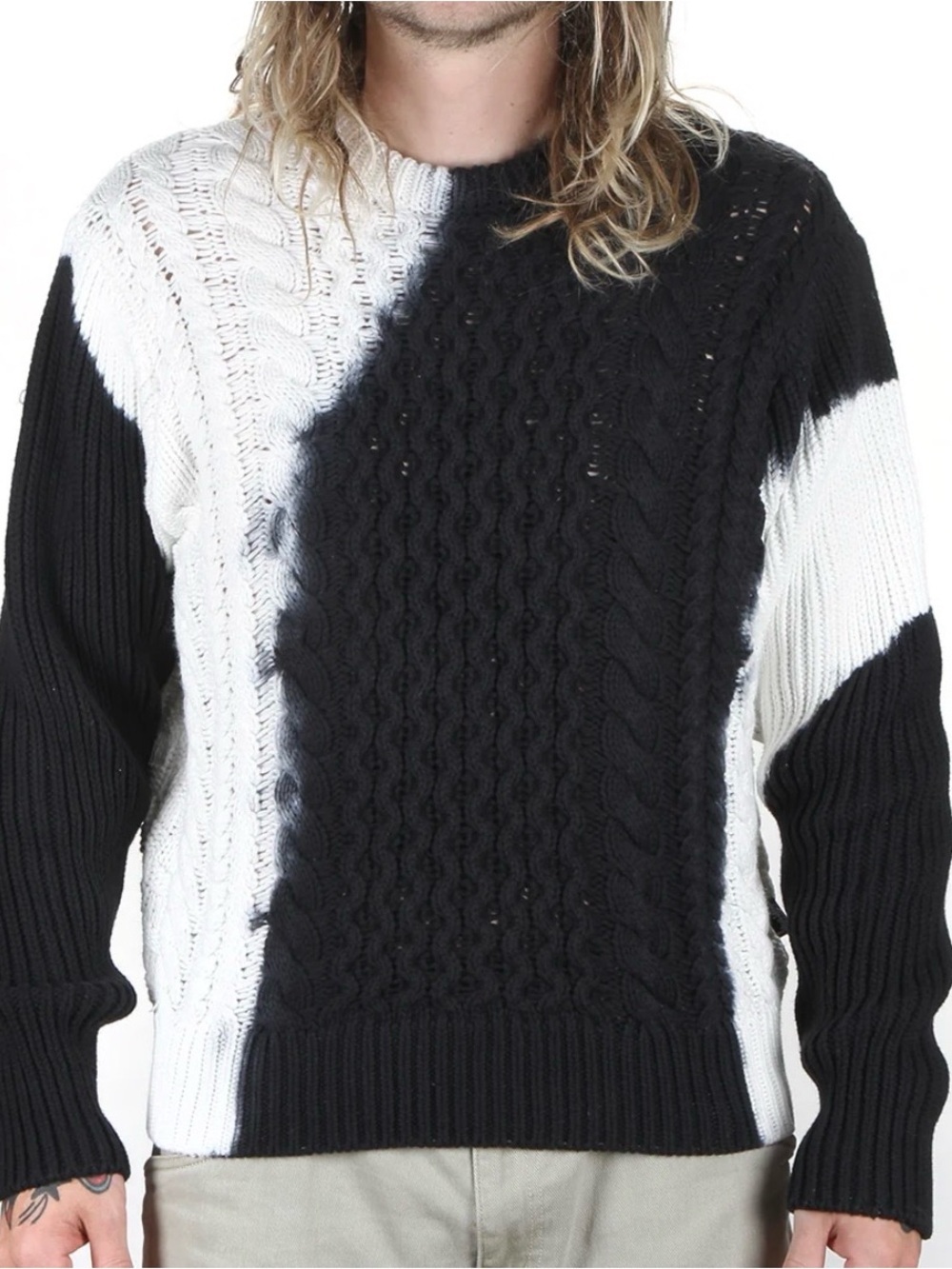 Stussy Black and White Fisherman Cable-Knit Crewneck Sweater Tie Dye